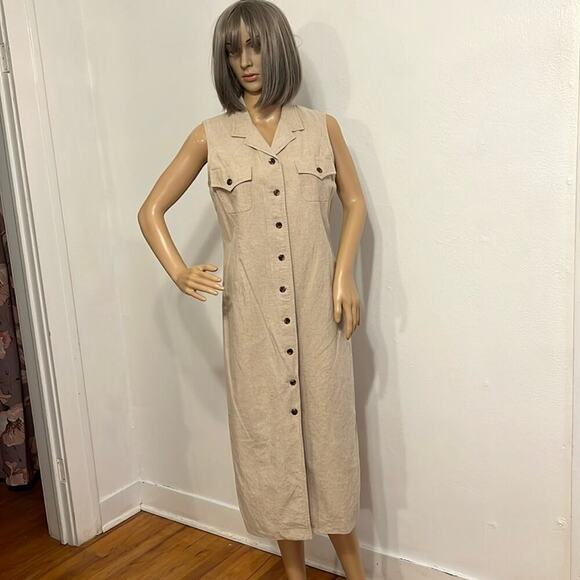 VTG Talbots Size 10P Tan Linen Blend Tortoise Button Front Midi Dress Vest - Picture 1 of 10